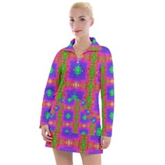 Groovy Purple Green Pink Square Pattern Women s Long Sleeve Casual Dress by BrightVibesDesign