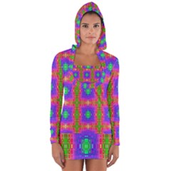 Groovy Purple Green Pink Square Pattern Long Sleeve Hooded T-shirt by BrightVibesDesign