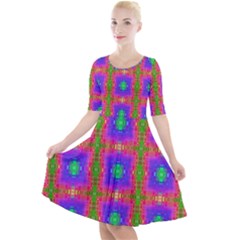Groovy Purple Green Pink Square Pattern Quarter Sleeve A-line Dress by BrightVibesDesign