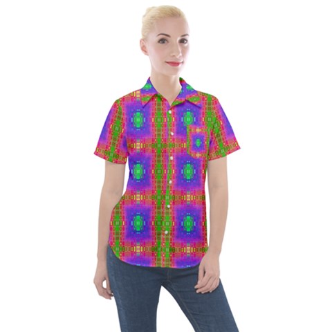 Groovy Purple Green Pink Square Pattern Women s Short Sleeve Pocket Shirt by BrightVibesDesign