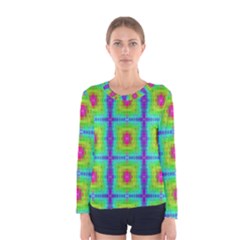 Groovy Yellow Pink Purple Square Pattern Women s Long Sleeve Tee