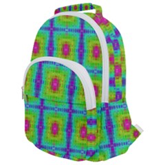 Groovy Yellow Pink Purple Square Pattern Rounded Multi Pocket Backpack by BrightVibesDesign