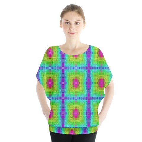 Groovy Yellow Pink Purple Square Pattern Batwing Chiffon Blouse by BrightVibesDesign