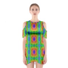 Groovy Purple Green Blue Orange Square Pattern Shoulder Cutout One Piece Dress by BrightVibesDesign