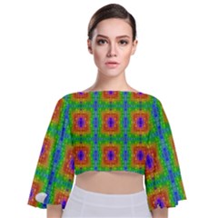 Groovy Purple Green Blue Orange Square Pattern Tie Back Butterfly Sleeve Chiffon Top by BrightVibesDesign