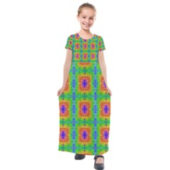 Groovy Purple Green Blue Orange Square Pattern Kids  Short Sleeve Maxi Dress by BrightVibesDesign