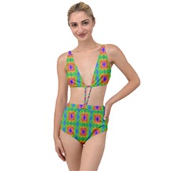 Groovy Purple Green Blue Orange Square Pattern Tied Up Two Piece Swimsuit by BrightVibesDesign