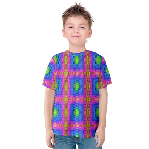 Groovy Pink Blue Yellow Square Pattern Kids  Cotton Tee by BrightVibesDesign