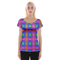 Groovy Pink Blue Yellow Square Pattern Cap Sleeve Top