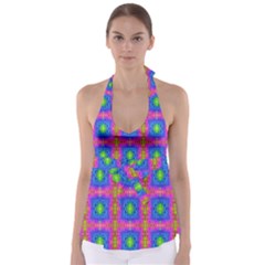 Groovy Pink Blue Yellow Square Pattern Babydoll Tankini Top by BrightVibesDesign