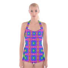 Groovy Pink Blue Yellow Square Pattern Boyleg Halter Swimsuit  by BrightVibesDesign