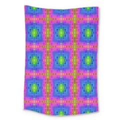 Groovy Pink Blue Yellow Square Pattern Large Tapestry by BrightVibesDesign