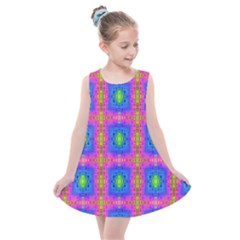Groovy Pink Blue Yellow Square Pattern Kids  Summer Dress