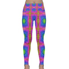 Groovy Pink Blue Yellow Square Pattern Lightweight Velour Classic Yoga Leggings by BrightVibesDesign