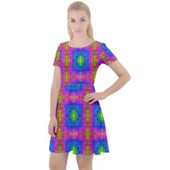 Groovy Pink Blue Yellow Square Pattern Cap Sleeve Velour Dress 