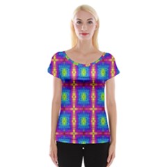 Groovy Blue Pink Yellow Square Pattern Cap Sleeve Top