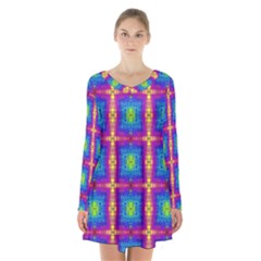 Groovy Blue Pink Yellow Square Pattern Long Sleeve Velvet V-neck Dress by BrightVibesDesign