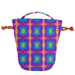 Groovy Blue Pink Yellow Square Pattern Drawstring Bucket Bag by BrightVibesDesign