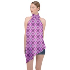 Argyle Large Pink Pattern Halter Asymmetric Satin Top by BrightVibesDesign