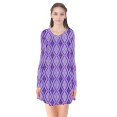 Argyle Large Purple Pattern Long Sleeve V-neck Flare Dress by BrightVibesDesign