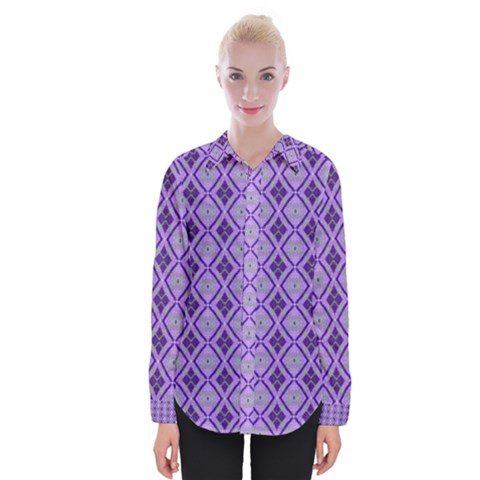 Argyle Large Purple Pattern Womens Long Sleeve Shirt by BrightVibesDesign
