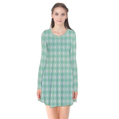 Argyle Light Green Pattern Long Sleeve V-neck Flare Dress by BrightVibesDesign