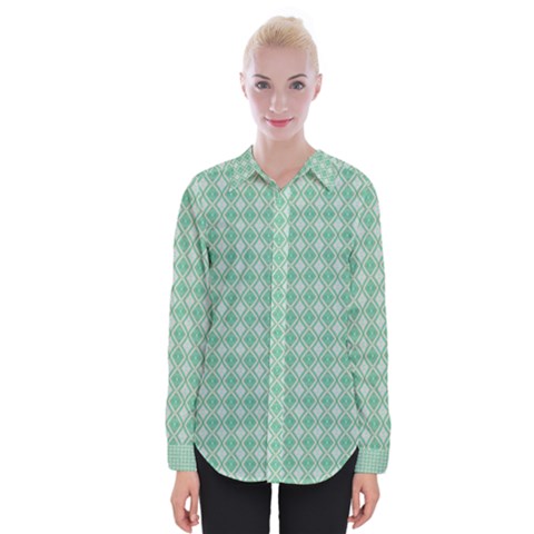 Argyle Light Green Pattern Womens Long Sleeve Shirt by BrightVibesDesign