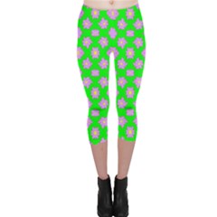 Modern Pink Flowers  On Green Capri Leggings  by BrightVibesDesign