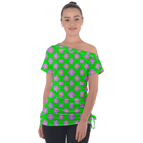 Modern Pink Flowers  On Green Tie-up Tee by BrightVibesDesign