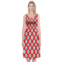 Modern Turquoise Flowers  On Red Midi Sleeveless Dress by BrightVibesDesign