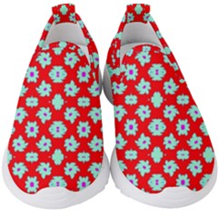 Modern Turquoise Flowers  On Red Kids  Slip On Sneakers by BrightVibesDesign