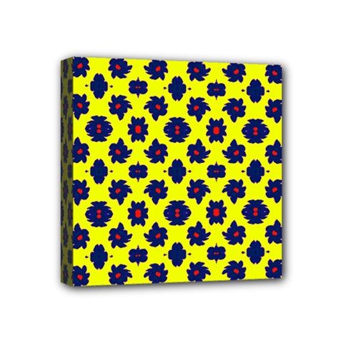 Modern Dark Blue Flowers On Yellow Mini Canvas 4  x 4  (Stretched)