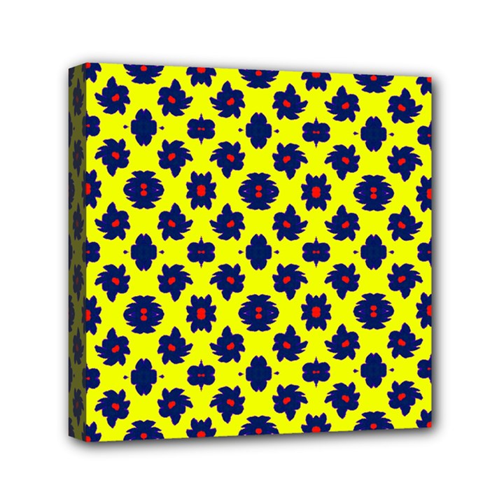 Modern Dark Blue Flowers On Yellow Mini Canvas 6  x 6  (Stretched)