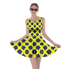 Modern Dark Blue Flowers On Yellow Skater Dress