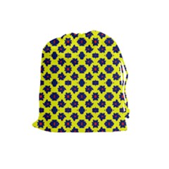 Modern Dark Blue Flowers On Yellow Drawstring Pouch (Large)