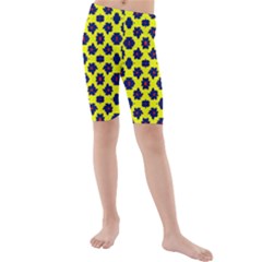 Modern Dark Blue Flowers On Yellow Kids  Mid Length Swim Shorts