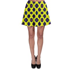 Modern Dark Blue Flowers On Yellow Skater Skirt