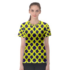 Modern Dark Blue Flowers On Yellow Women s Sport Mesh Tee