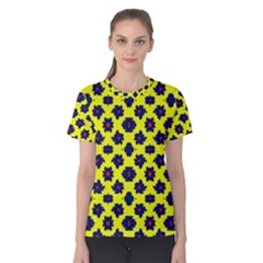 Modern Dark Blue Flowers On Yellow Women s Cotton Tee