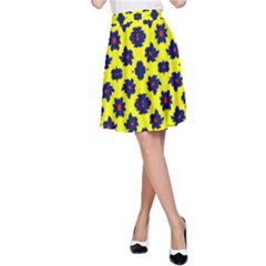 Modern Dark Blue Flowers On Yellow A-Line Skirt