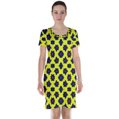 Modern Dark Blue Flowers On Yellow Short Sleeve Nightdress