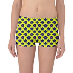 Modern Dark Blue Flowers On Yellow Boyleg Bikini Bottoms