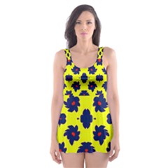 Modern Dark Blue Flowers On Yellow Skater Dress Swimsuit