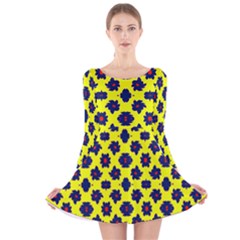 Modern Dark Blue Flowers On Yellow Long Sleeve Velvet Skater Dress