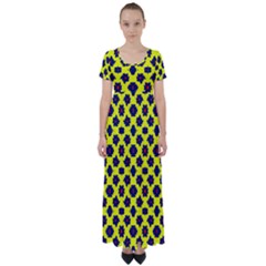 Modern Dark Blue Flowers On Yellow High Waist Short Sleeve Maxi Dress