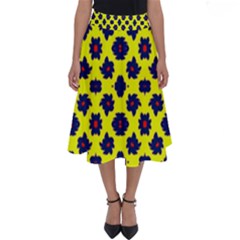 Modern Dark Blue Flowers On Yellow Perfect Length Midi Skirt