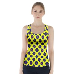 Modern Dark Blue Flowers On Yellow Racer Back Sports Top