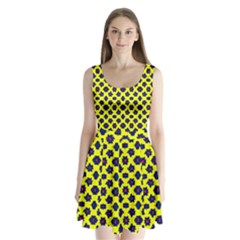 Modern Dark Blue Flowers On Yellow Split Back Mini Dress 