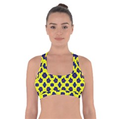 Modern Dark Blue Flowers On Yellow Cross Back Sports Bra