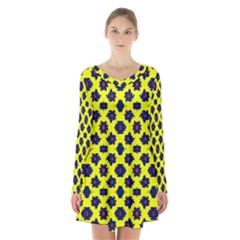 Modern Dark Blue Flowers On Yellow Long Sleeve Velvet V-neck Dress